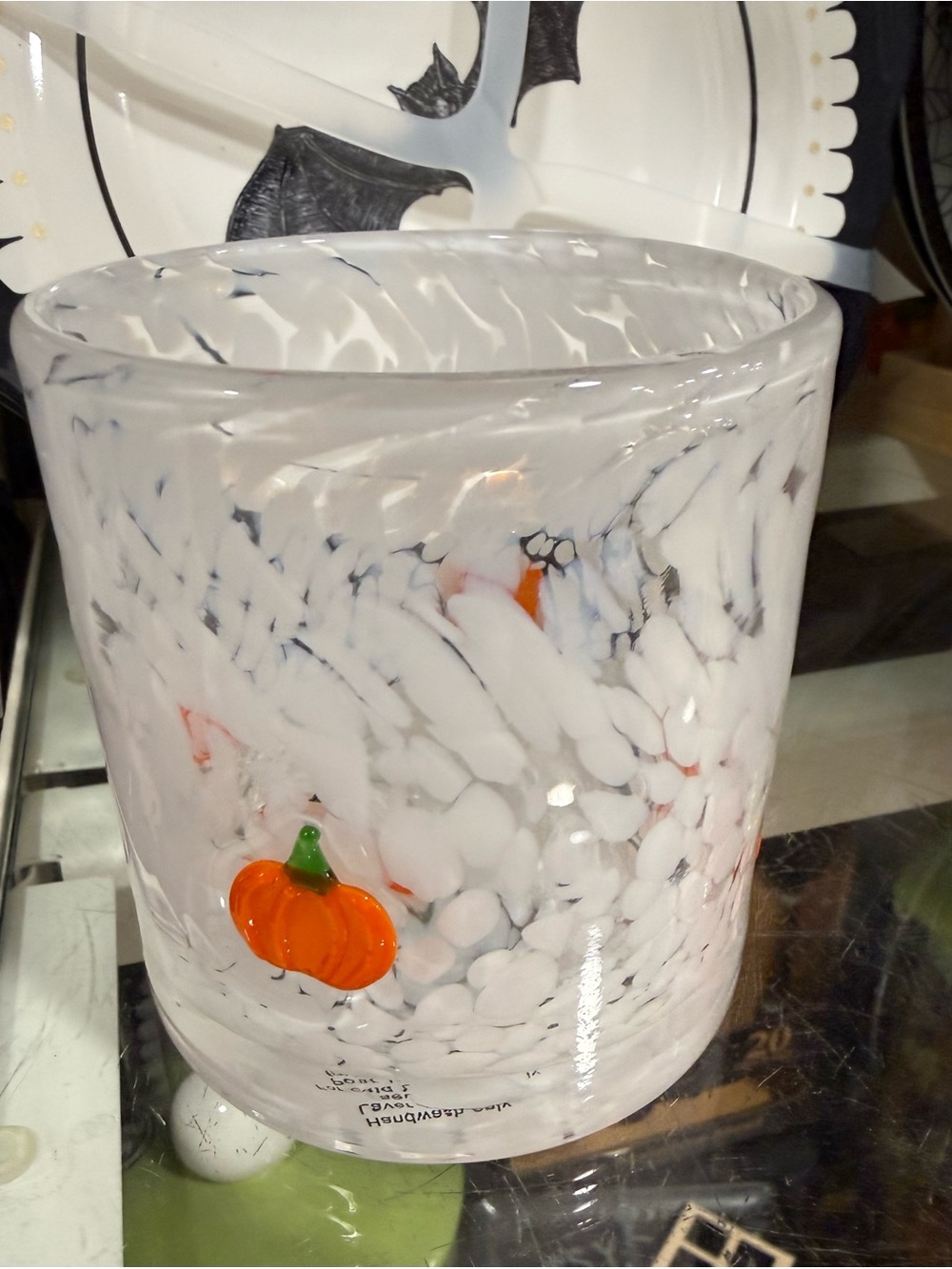 Hand-Blown White confetti glass with Orange Pumpkin Accent